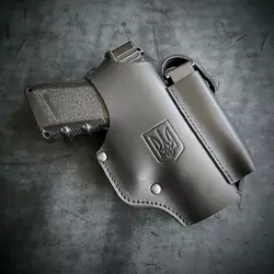 Шкіряна кобура поясна під Glock 19 | чорна з гербом України