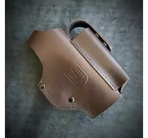 Шкіряна кобура поясна під Glock 19 | коричнева з гербом України